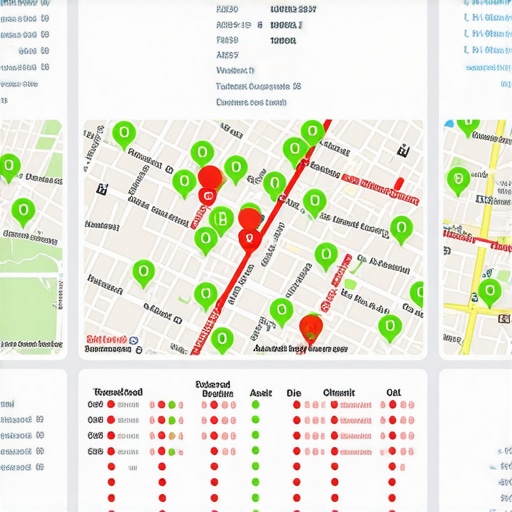 A digital map showing local SEO ranking positions across different neighborhood blocks.