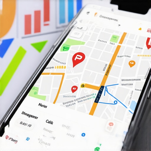 A smartphone showing local map profile interaction data, call volume, and directions requests rising.