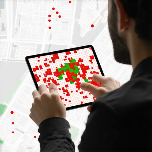 Local Map Visibility Heatmap Analysis Digital marketer checking local business ranking heat map on a tablet.