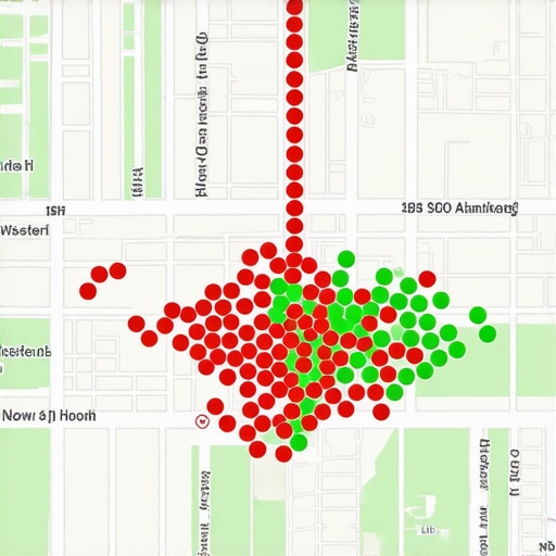 A visual ranking grid showing a business's local search performance across a city map.