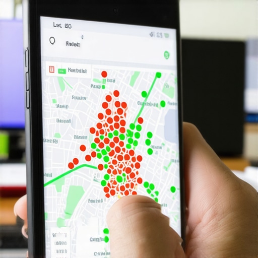A professional analyzing local map ranking heat maps on a smartphone to find visibility gaps.