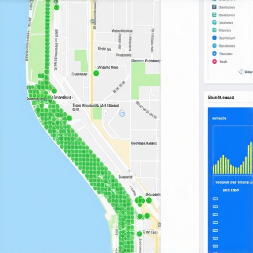 A visual representation of local map ranking data showing business visibility across a city grid.