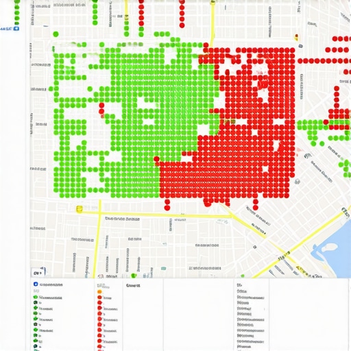 A heatmap showing local map ranking positions across a city grid.