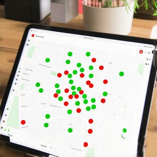 A tablet displaying a local SEO grid map used by visibility experts to track Google Maps rankings.