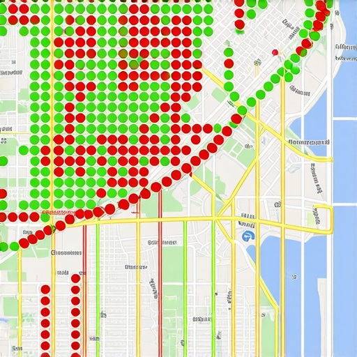 A heatmap showing local map ranking positions across a specific geographic service area.