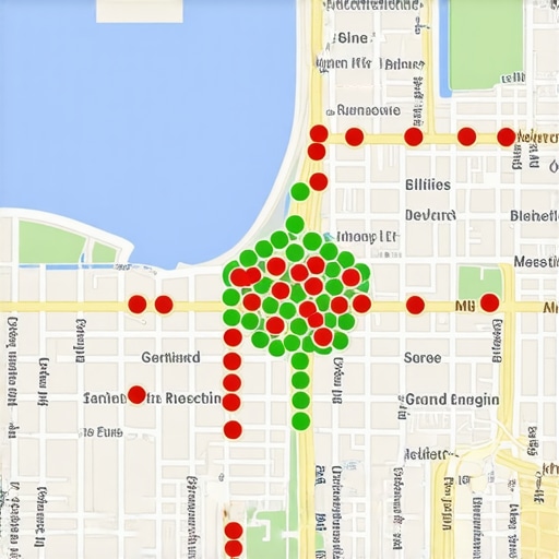 A heatmap showing local search rankings across a specific geographic area.
