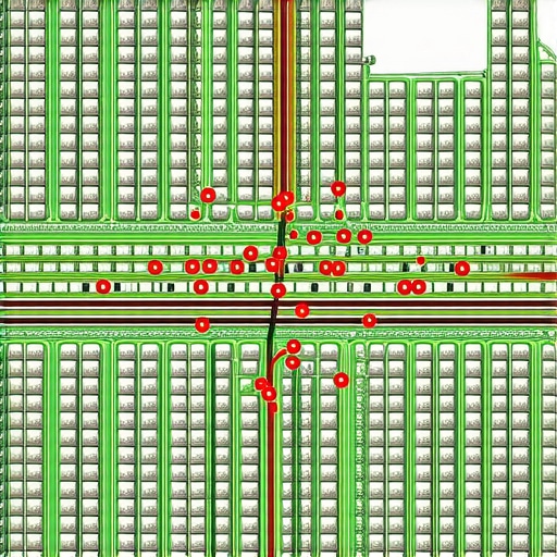A map visualization showing green and red ranking pins across a local neighborhood for business visibility tracking.