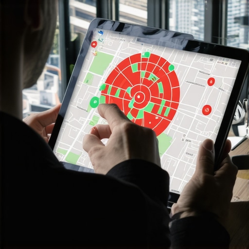 A professional analyzing local search visibility using a grid-based heat map tool.