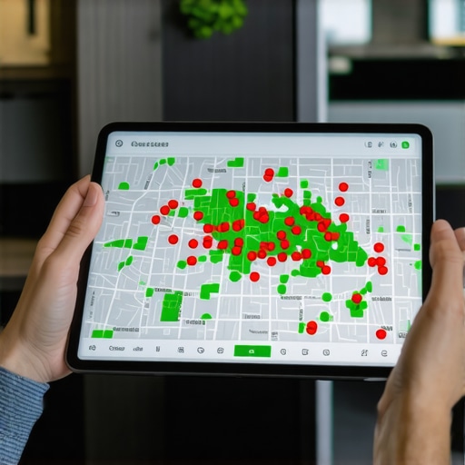 A professional analyzing a local map ranking grid showing visibility across different city blocks.