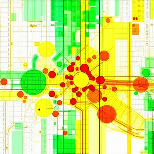 A digital map showing local search ranking density through a color-coded heatmap grid.