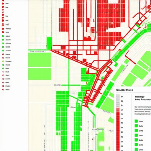 A colorful grid tracking tool showing local map ranking positions across various city neighborhoods.