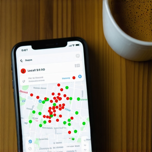 A smartphone showing a local map ranking grid with green and red pins indicating visibility levels across a city.