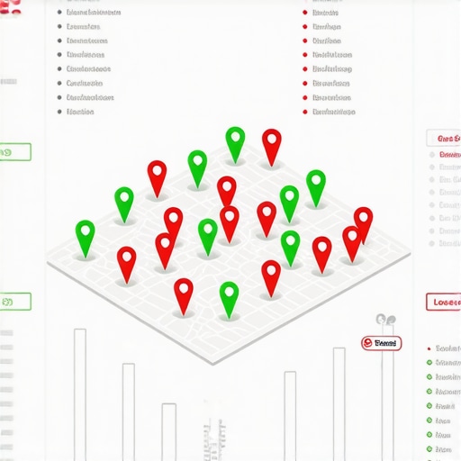 A visual grid showing local map rankings and proximity data for a business.