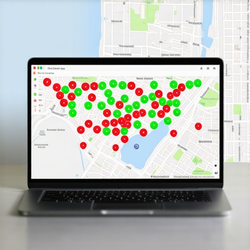 A digital heat map showing local search ranking performance for a business profile across different city neighborhoods.