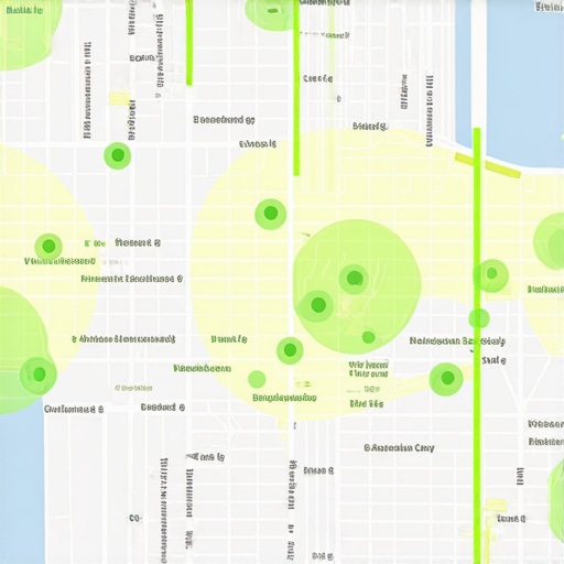 A digital map showing green ranking spots for a local business on the outskirts of a city center.