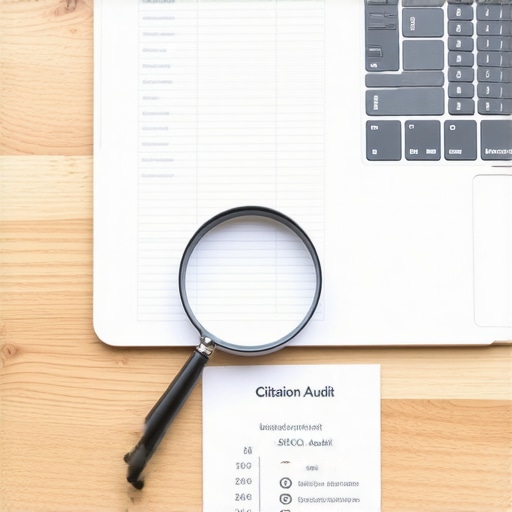 A desk with a laptop and magnifying glass representing a business data audit.