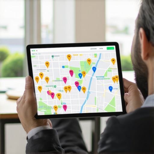 A professional reviewing a local search heat map grid to track map visibility across different neighborhoods.