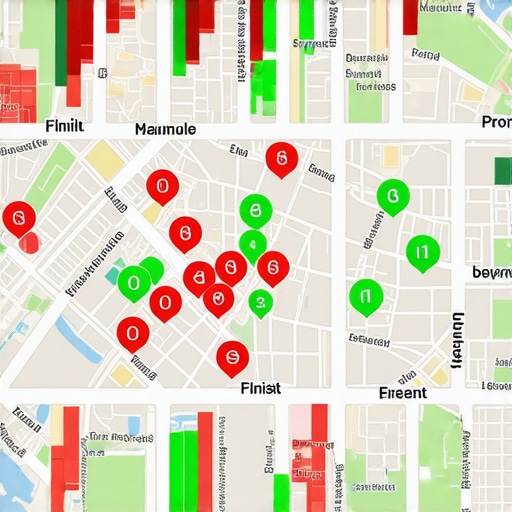 Local Search Grid Ranking Analytics A map visualization showing different ranking positions across a geographic area for a local business.