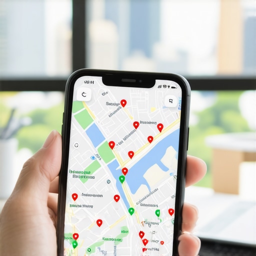 A smartphone showing a local map ranking grid with green and red indicators for business visibility.