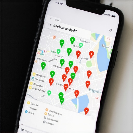 A smartphone showing a map with a grid of ranking signals for local SEO analysis.