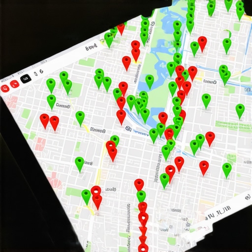 Digital map showing local search grid ranking density across a city area.