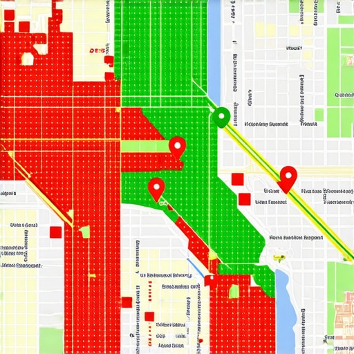 A visualization of geographic ranking data showing map visibility across a specific city area.