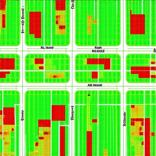 A map showing local search ranking positions across different city blocks using a color-coded grid to track visibility.