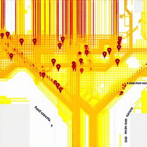 A digital heatmap showing high foot traffic signals and business pin density in an urban area.