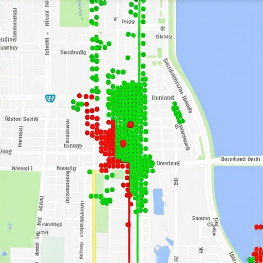 A visualization of how Google Map rankings fluctuate by neighborhood and distance from the business location.