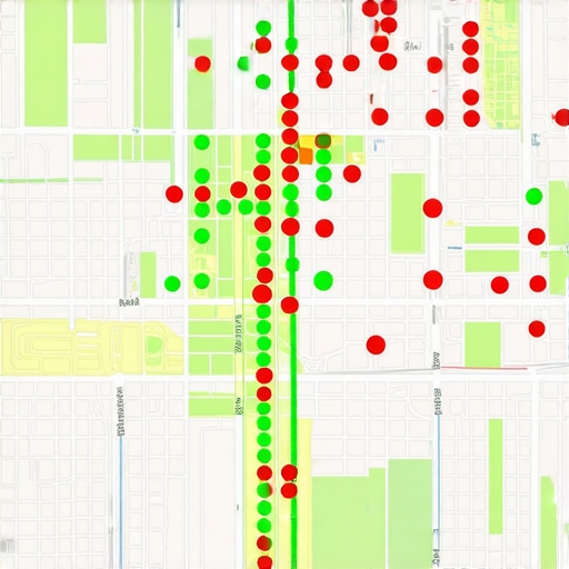 A visual representation of a business ranking across different geographic coordinates on a map.