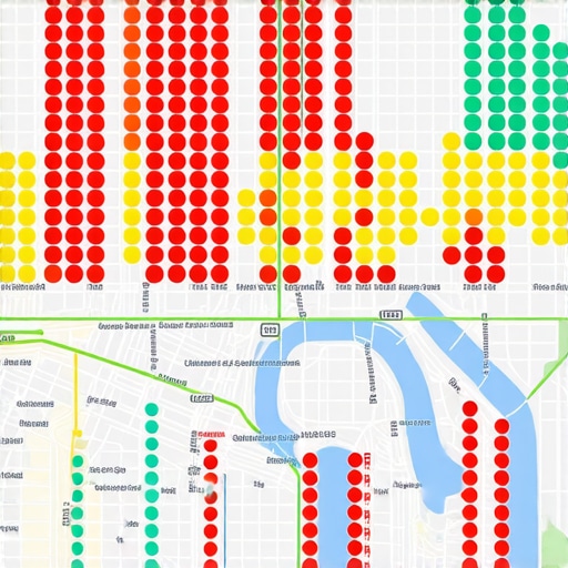 A map showing local search rankings across a specific geographic area with green and red grid points.