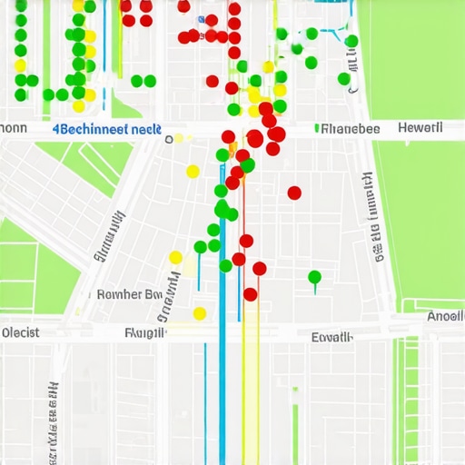 A grid-based rank tracking map showing green and red nodes over a local neighborhood to measure Google Maps visibility.
