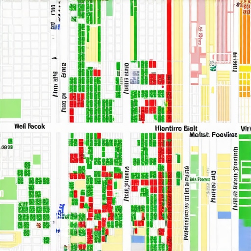 A visualization tool showing local map ranking density across a neighborhood with green and red indicators.