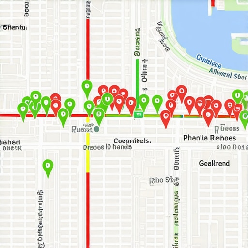 A digital heatmap showing Google Maps ranking positions across a local neighborhood.