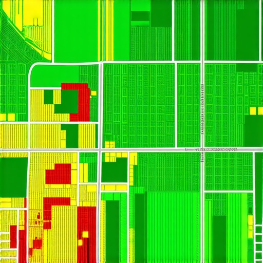 A digital heatmap showing local map ranking density across a city grid for SEO auditing.