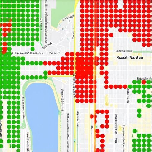 A rank tracking heatmap showing local visibility performance across a city map.