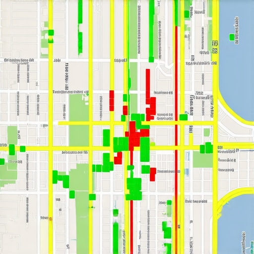 A digital map showing various green and red ranking pins across a local city grid.
