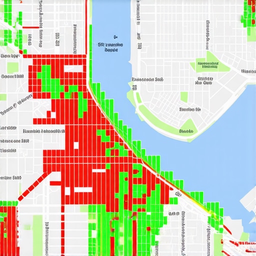 A heatmap showing local search ranking positions across a neighborhood grid.