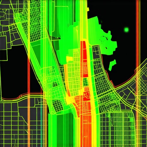 A digital heatmap showing how local search rankings vary by neighborhood and proximity to a business location.