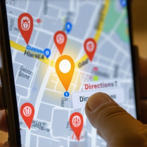 Local map interaction and engagement signals A smartphone showing a business ranking high on Google Maps with a user clicking for directions.