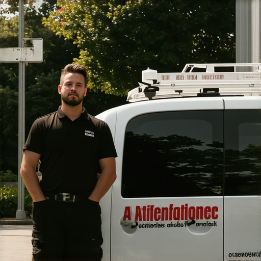 Service technician with company van showing local business presence in a specific neighborhood.