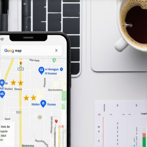 A smartphone showing local map rankings next to a laptop with SEO data.