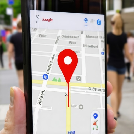 High-visibility map pin in a busy urban area
