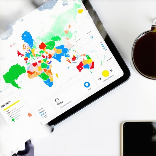 Mapping Digital Location Coordinates Tablet displaying digital map with pins and data graphs on a wooden desk