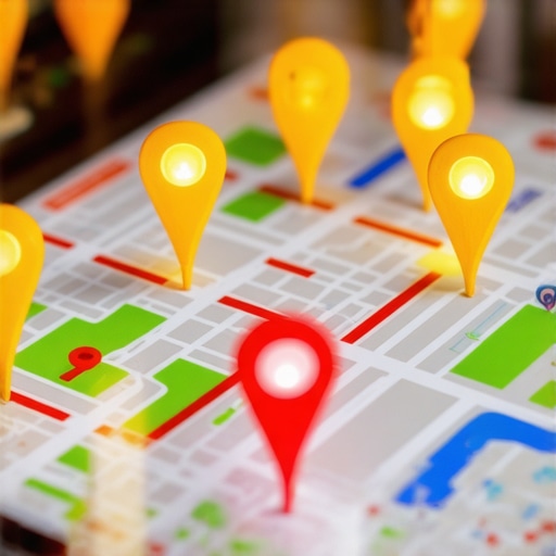 A digital map displaying local search visibility pins and signal strength in a suburban neighborhood.
