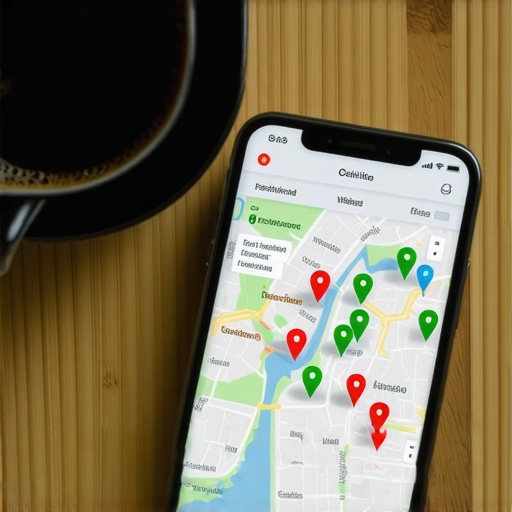 A smartphone showing a 3D local geo-grid ranking map on a wooden desk