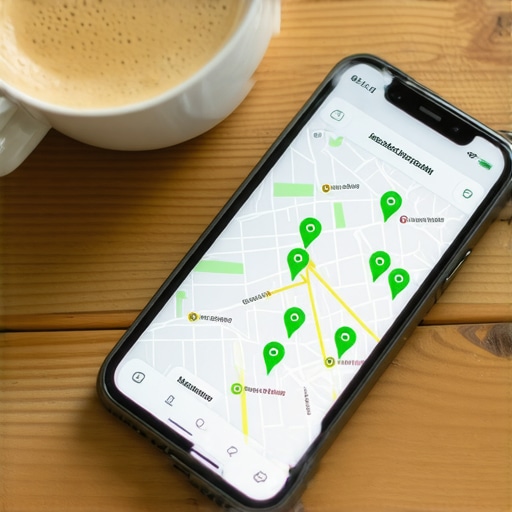 Monitoring Local Search Performance on Mobile Screen A smartphone showing local rank tracking map with green pins on a wooden desk