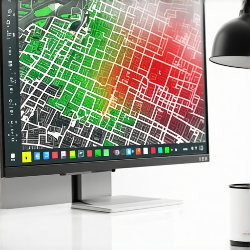 A screen displaying a local SEO ranking grid with green icons over a city map indicating high visibility.