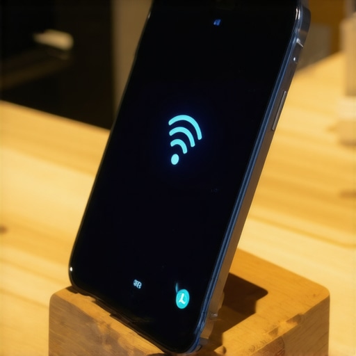 Customer tapping smartphone on an NFC stand to interact with a local business profile