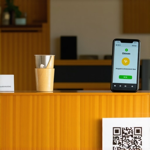 A customer scanning a QR code at a storefront counter to trigger mobile interaction signals.